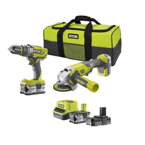 Pack Perceuse-visseuse à percussion RYOBI 18V - Meuleuse d'angle OnePlus 18V - 1 batterie 18V 2.0 Ah - 1 batterie 18V 4.0 Ah - 1 chargeur R18PDAG-242S