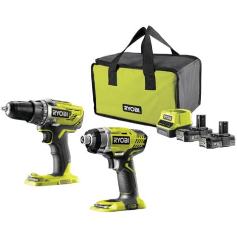 Pack RYOBI 18V Perceuse-visseuse - Visseuse à chocs - 2 batteries 2.0 Ah - 1 chargeur R18DDID-220S