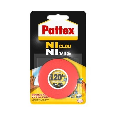 Pattex Ni Clou Ni Vis Double Face, Ruban adhésif double face ultra résistant pour fixation permanente, Adhésif de montage pour intérieur & extérieur, 19 mm x 1,5 m