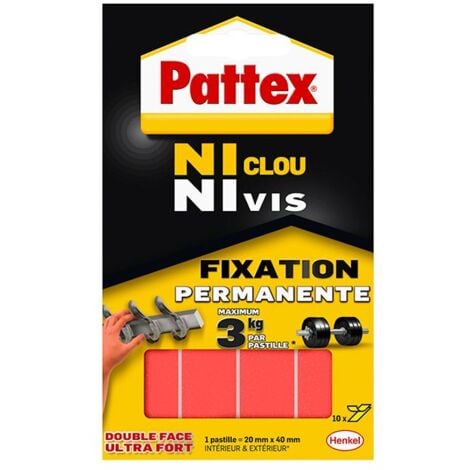 Pattex Ni Clou Ni Vis Pastilles Fixation Permanente, Pastilles double faces ultra fortes pour intérieur & extérieur, pastilles autocollantes ultra résistantes, 10 pastilles