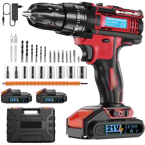 Perceuse Visseuse Sans Fil 21V, Visseuse Devisseuse Sans Fil avec 2 Batteries 2.0Ah, 45Nm Perceuse Percussion, 25+3 Réglages de Couple, 26 Accessoires, 2 Vitesses,Rose