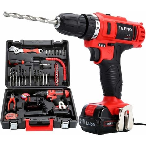 Perceuse Visseuse sans Fil TEENO - 21V - Deux 1.5Ah Batteries - 41 accessoires - Gants professionnels - Rouge