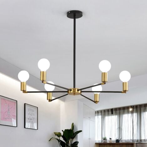 Plafonnier Industriel, Suspension Luminaire Vintage 6 têtes, Lampe de Plafond Sputnik en métal Noir et Or, Lustre pour salle à manger, salon, sans Ampoules