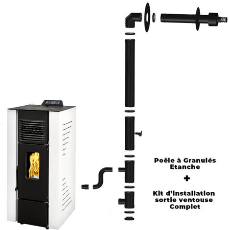 Poêle à granulés étanche Anita 9 kW Blanc Sannover + Kit d'installation Complet