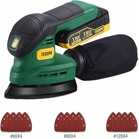 Ponceuse Vibrante sans fil TECCPO, ponceuse 18V avec papiers abrasifs 12 pièces, 2,0 Ah batterie avec chargeur rapide, 12 000 OPM avec système de dépoussiérage efficace - PMDS01D