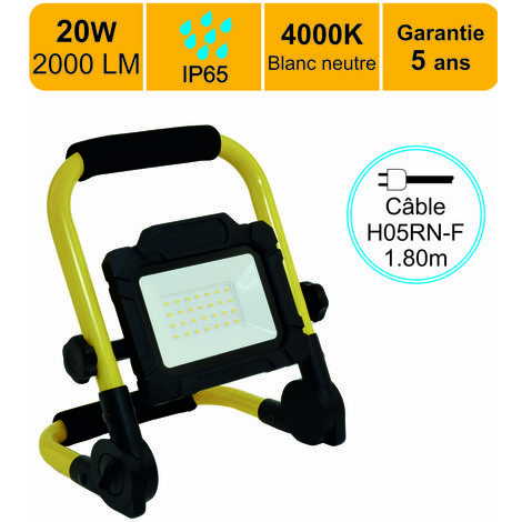Projecteur de chantier LED 20W 2000 LM IP65 4000K câble 1,8M - garantie 5 ans