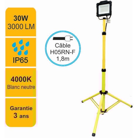 Projecteur LED de chantier 30W 3000lm 4000K avec trépied ajustable - garantie 3 ans