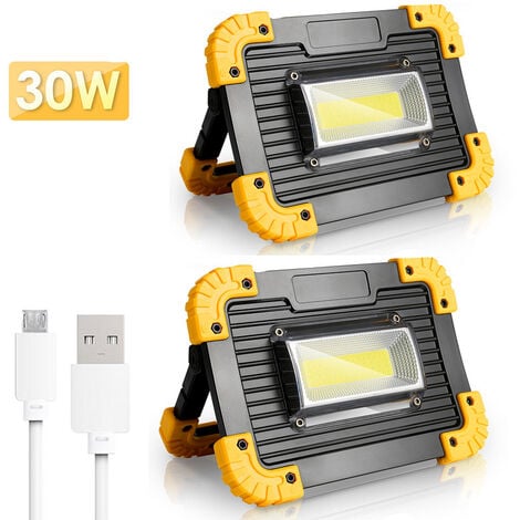 Projecteur LED Rechargeable 30W Projecteur Chantier Lumière de Travail 4 Modes LED USB(2 pack)