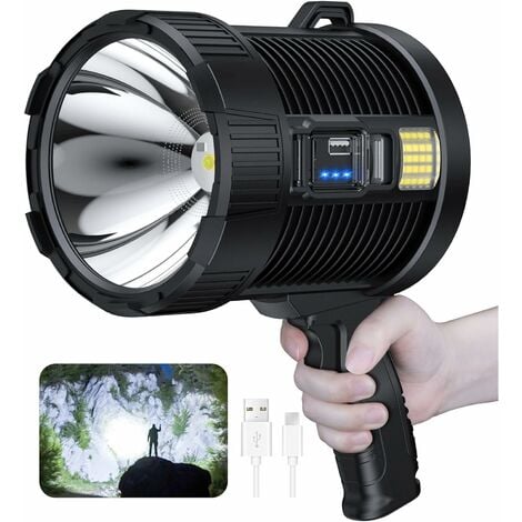 Projecteur rechargeable, 100000 lumens Led projecteur à main grande lampe de poche projecteur solaire extérieur super lumineux, avec lampe Cob, 6 modes, étanche IPX5 (noir)