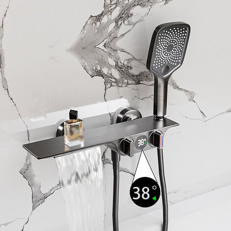 Robinet De Baignoire Cascade avec Affichage de la Température, Mitigeur Baignoire Mural Avec Douchette À 3 Fonctions Robinet Pour Bain De Salle De Bain, Laiton (Gris)