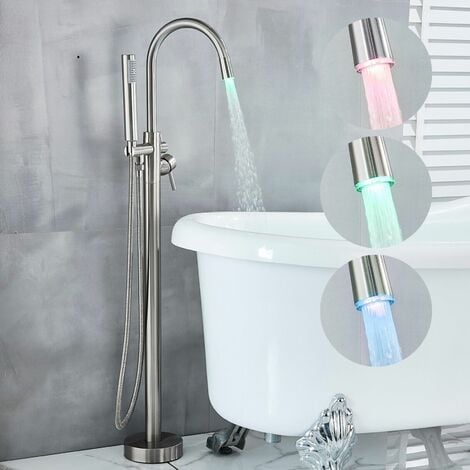 Robinet de baignoire ilot robinet de remplissage de salle de bain Support de sol à poignée unique avec douchette,Nickel brossé