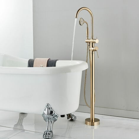 Robinet de baignoire ilot robinet de remplissage de salle de bain Support de sol à poignée unique avec douchette,Or Brossé