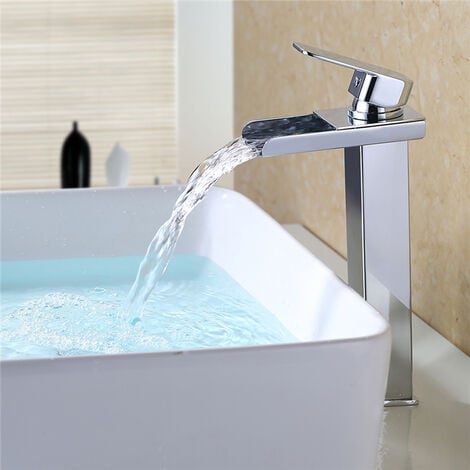 Robinet Salle de Bain Cascade Mitigeur de Lavabo Bec Haut pour Vasque Robinet Lavabo Corps en Acier Inox Chromé Design Moderne