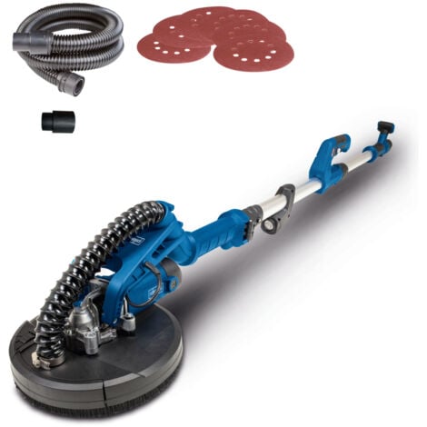 Scheppach Ponceuse Mur & Plafond DS920X - 710W - Plateau de ponçage Ø225mm - LED - tête inclinable jusqu'à 90°- Télescopique - 4m de Tuyau d'Aspiration, Kit d'adaptateurs & 6 disques abrasifs inclus