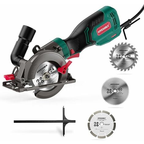 Scie circulaire 750W, HYCHIKA Mini scie circulaire 3500RPM, Profondeur de coupe maximale 48mm (90°) et 32mm (45°), Moteur en fil de cuivre pur