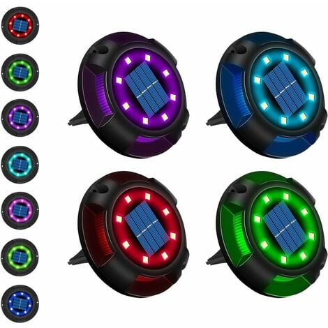 Solaire Extérieur 12 LED 7 Couleurs Lampe Solaire Jardin Spot Encastrable avec Grand Panneau Solaire Étanche IP65 Lampe Solaire au sol (4PCS)