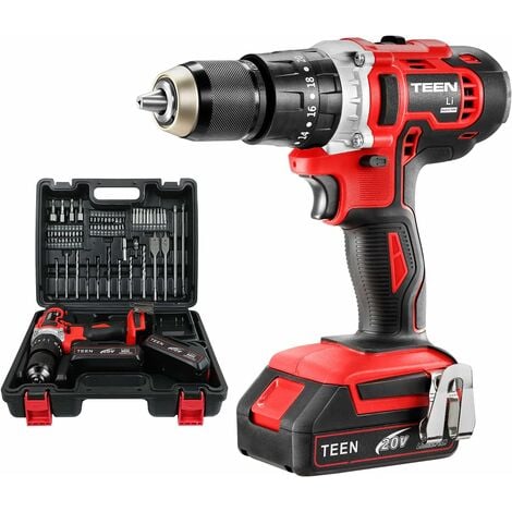 TEENO Perceuse visseuse à percussion 45Nm, 2 x 2.0Ah batteries, ,25+3 Réglages de Couple, 69 Accessoires, pour Bricolage