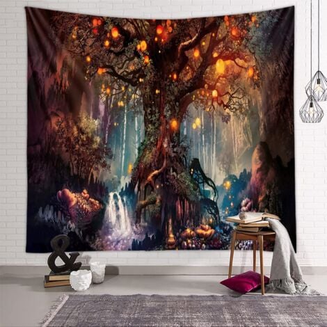 Tenture Murale Arbre de la Vie, Tapisserie Psychédélique Tapisseries Chutes d'eau sous Arbre Ancien, Tapestry Murale de Fée Décoration Tenture Couverture pour Chambre Salon NPTERBL