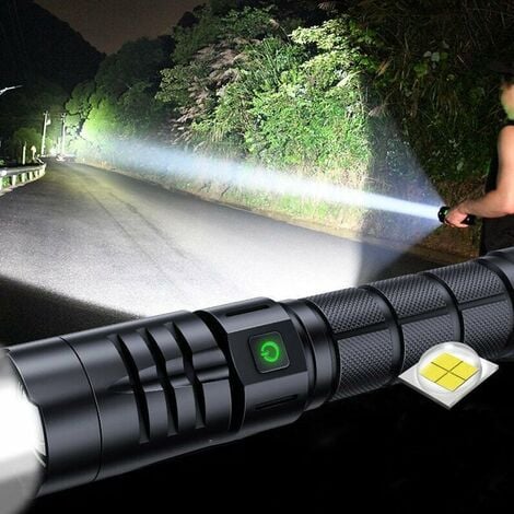 Torche LED Torche Ultra Puissante 10000 Lumens, Torche Militaire Tactique Rechargeable USB 5 Modes IPX4 Étanche, Batterie Incluse