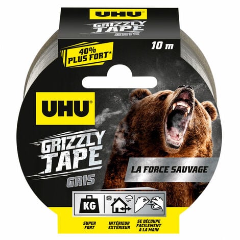 UHU Grizzly tape - Ruban adhésif toilé waterproof pour réparer, consolider, colmater, connecter, ultra fort et durable, gris, 10mx50mm