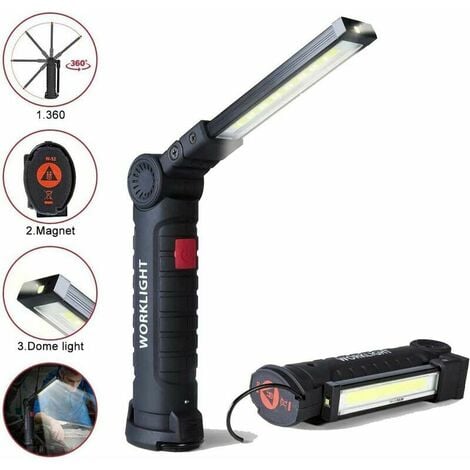 Ulisem Lampe de travail LED rechargeable avec 800 lumens, base magnétique, 5 modes pour garage, camping, urgences, lampe torche baladeuse LED.