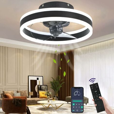 Ventilateur de plafond avec éclairage, silencieux, moderne à LED avec télécommande, minuteur, plafonnier, ventilateur pour salon, salle à manger (couleur : noir, taille : 40 cm)