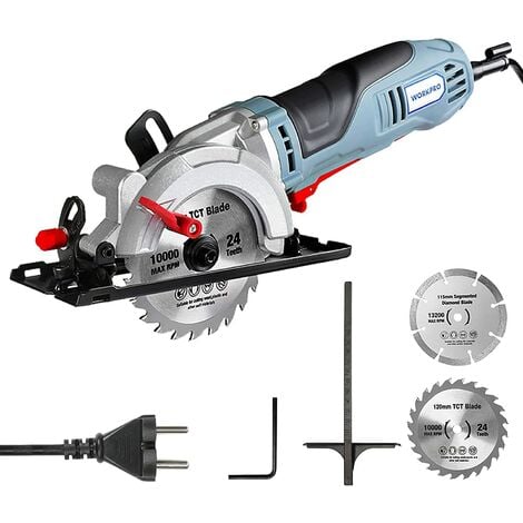 WORKPRO Mini Scie Circulaire 750W, 4700 tr/min, Profondeur de Coupe 45mm (90°), 28mm (45°), Avec Rail de Guidage, 2 Lames (Ø120mm et Ø115mm), Règle de Guide, Couper du Bois, Métal Doux, Carreau